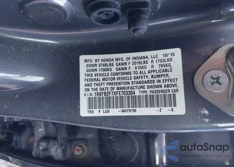 2015 Honda Civic Se from USA, damaged, VIN 19XFB2F7XFE703304